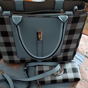 Mia K Collection Yuliana Blue Buffalo Plaid Tote With Matching Wallet